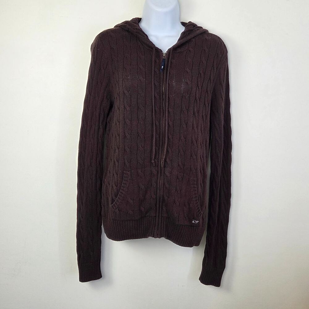 Vineyard Vines Womens L Brown Cable Knit Cashmere Cotton Full Zip Hoodie